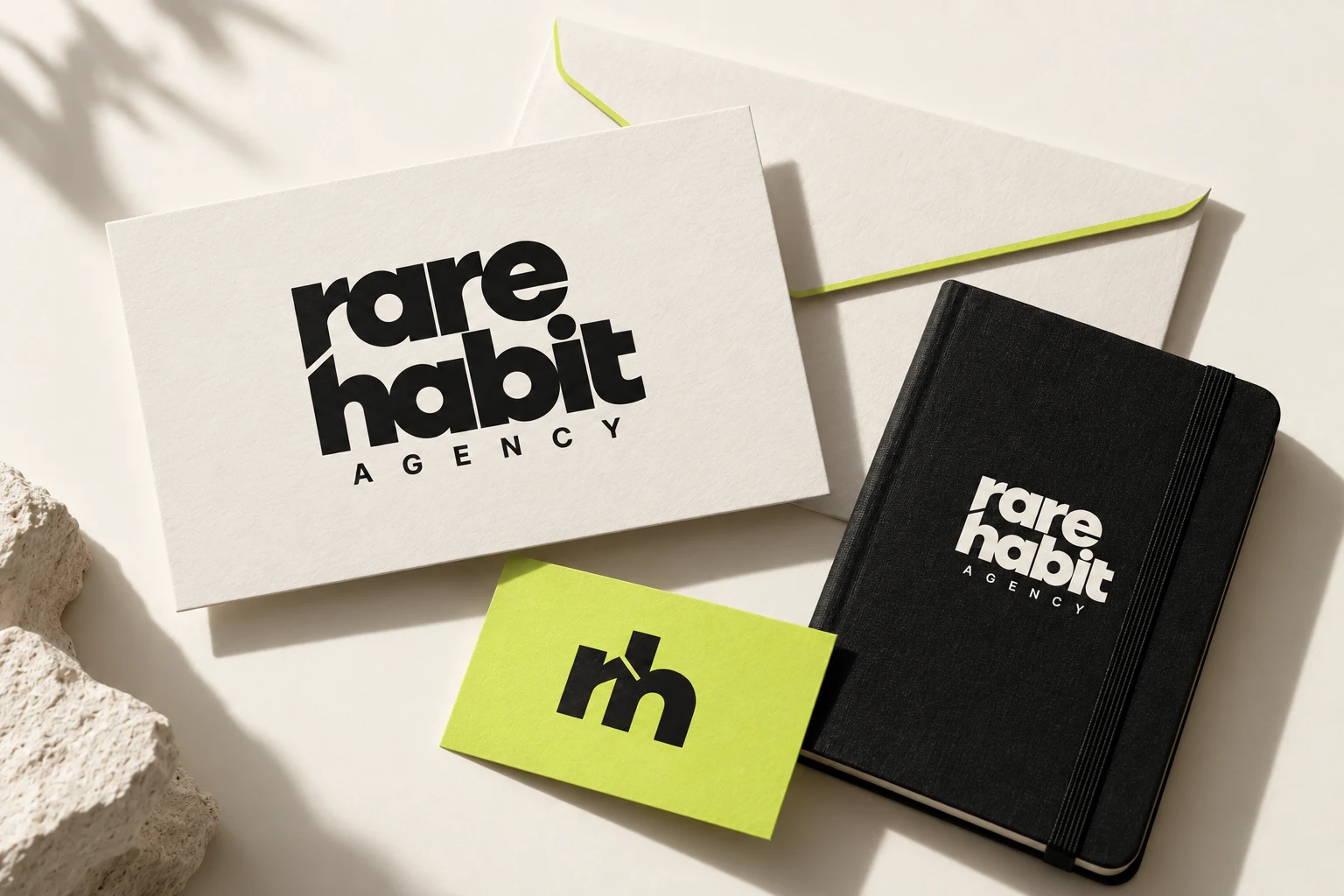 Rare Habit identity applied to stationery